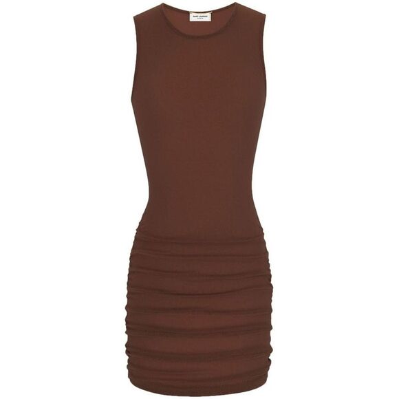 SAINT LAURENT Ruched Sleeveless Mini Dress Women BROWN Dresses